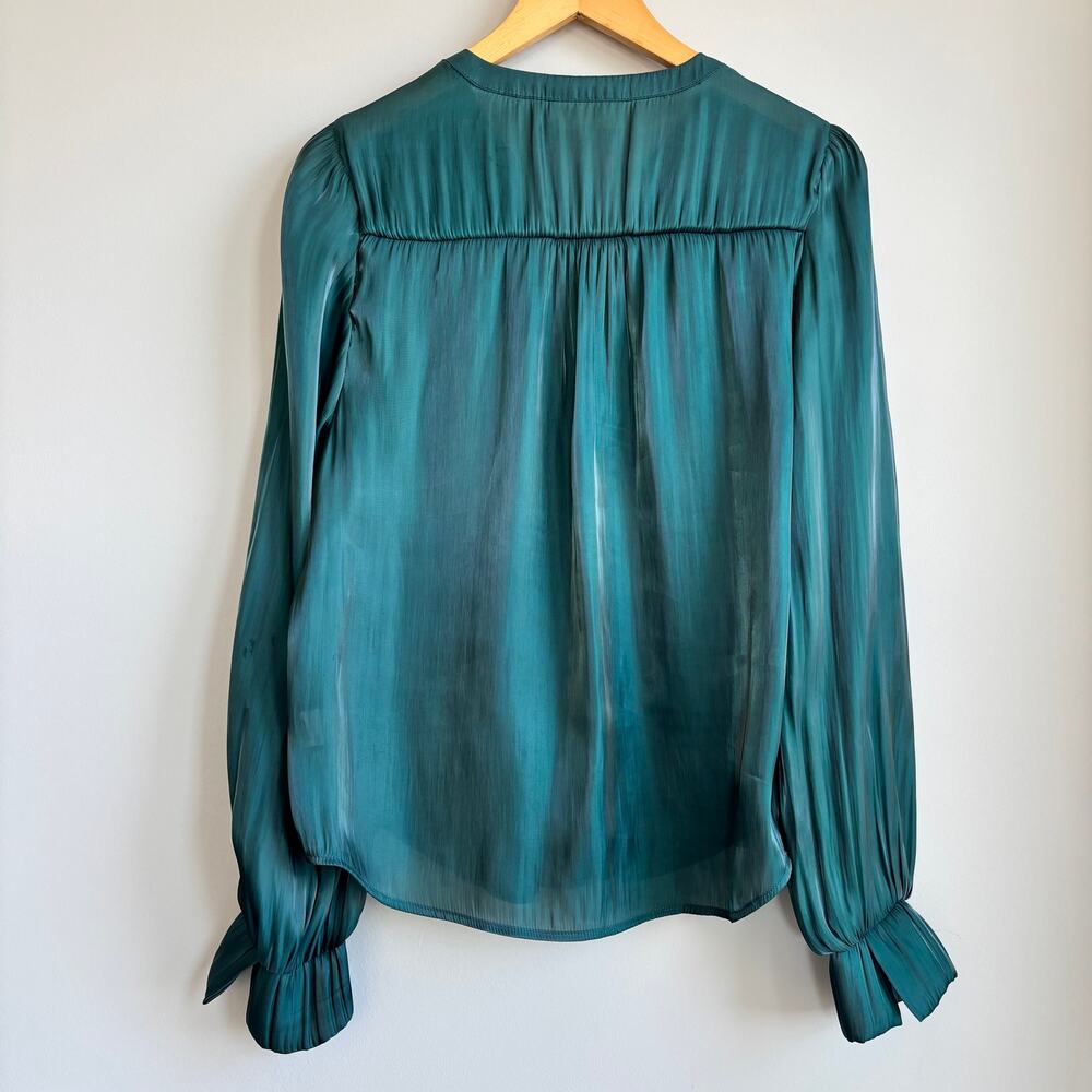 Melloday Satin Peasant Blouse L Flowy Pleated Smocked Boho Chic Office Siren - Picture 5 of 9